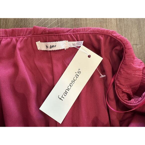 NWT Francesca’s Off The Shoulder Red Wine Shimmer Mini Ruffle Dress Size Medium - Picture 7 of 16
